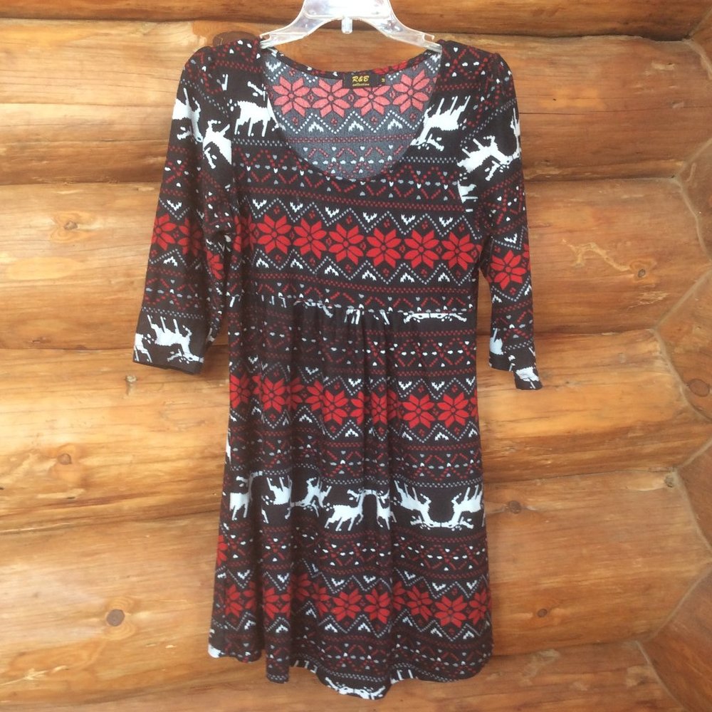 R&B Collection Reindeer Scandinavian Print Fair Isle Festive Dress Size Medium